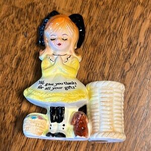 Vintage Toothpick Holder Praying Girl with Dog Flower Basket Ceramic Enesco